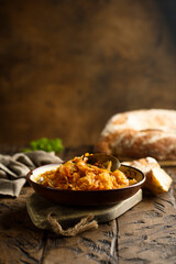 Traditional homemade cabbage stew with bay leaf