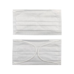 Medical face masks with front and back sides, isolated on white background. Sterile face masks for protection from Covid-19 and other infectious diseases. New normal after coronovirus pandemic.