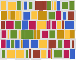 Multi colored brick wall-like background illustration from colorful tiles with light gray borders in different sizes