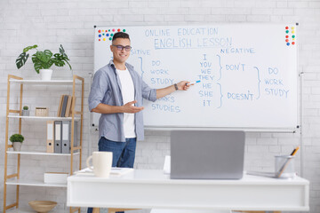 Education, self-isolation and quarantine. Tutor in glasses teaches english and shows at blackboard