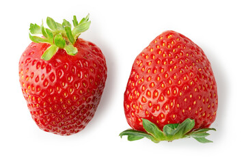 Two ripe strawberry fruits isolated on white background. Clipping path
