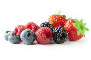 Ripe strawberries, raspberries,  blueberries and blackberries isolated on white background. Full depth of field