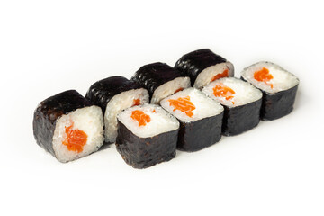 Sushi roll with salmon and cheese on a white plate, classic Japanese sushi. Traditional Japanese food with maki. Delicious pieces of sushi. For the restaurant menu. copyspace.