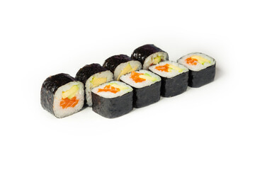 Sushi roll with salmon and avocado on a white plate, classic Japanese sushi. Traditional Japanese food with maki. Delicious pieces of sushi. For the restaurant menu. copyspace