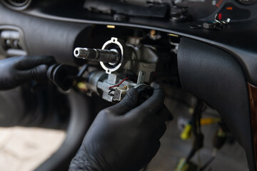 Close Up car steering wheel repair after the accident.