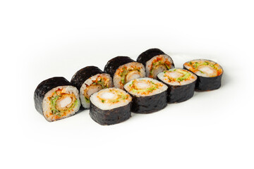 Sushi roll with fried shrimp and caviar on a white plate, classic Japanese sushi. Traditional Japanese food with maki. Delicious pieces of sushi. For the restaurant menu. copyspace
