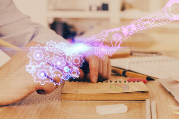 Writing human hands with data theme multi exposure icons.