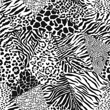 Wild animal skins patchwork wallpaper in black and white abstract vector fur seamless pattern