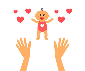 Hands of mom and baby on a white background. Motherhood. Vector illustration.