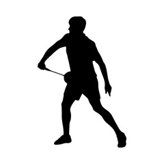 Fototapeta na wymiar Badminton. Silhouette of a man performing a defensive shot. Vector illustration.