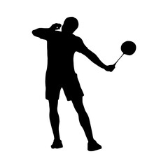 Badminton. Silhouette of a man performing a forehand serve. Vector illustration.