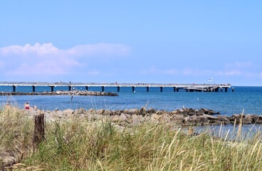 Sunny beach life with some people in the distance in Schoenberg in northern Germany