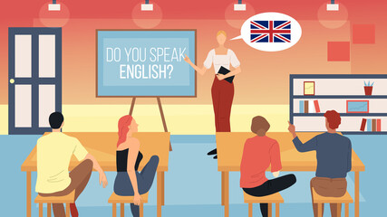 Teaching, Learning American English Concept. Female Coach Teaches English With Students At Classroom. English Speaking Practice, Improving Skills. Do You Speak English Flat Style Vector Illustration