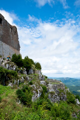 Naklejka premium The aerial view of beautiful mountain valley in Pyrenees from last cathar fortress Montsegur on south of France