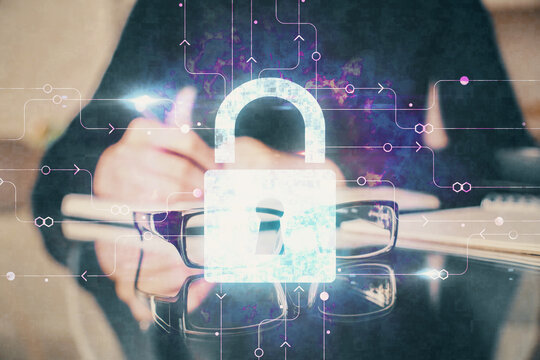 Multi exposure of woman's hands making notes with lock icon. Concept of security and protection of data