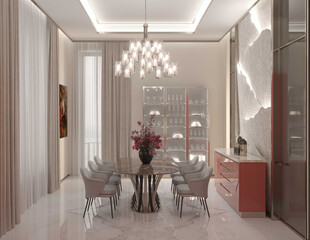 kitchen, dining room, wine cabinet, 3d