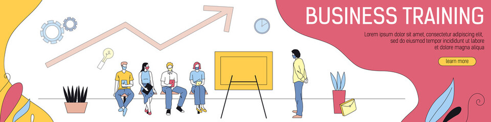 Business Presentation, Meeting And Teamwork Concept. Business Team Characters In Protective Masks Present Report Graph On The Board. Abstract Composition, Flat Style Horizontal Vector Illustration