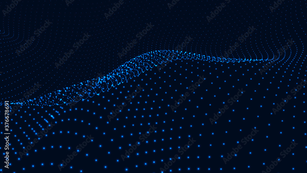 Poster abstract gradient dynamic wave of glowing particles. network of neon dots. big data. digital backgro