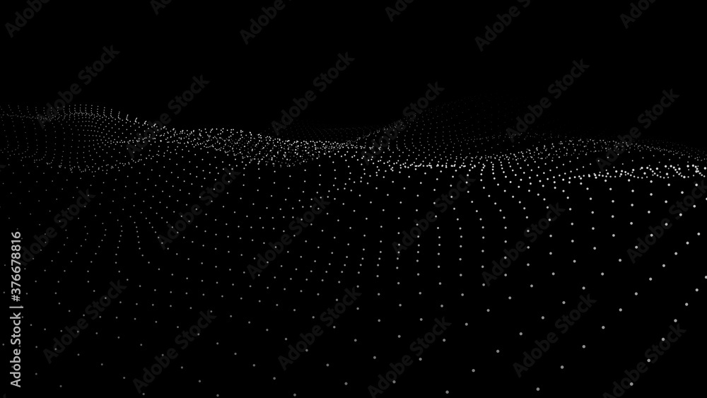 Poster Abstract gradient dynamic wave of particles. Network of bright points or dots. Big data. Digital background. Vector
