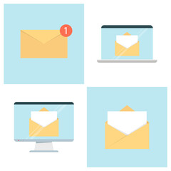 Email set. Laptop and desktop pc with letter or message on screen. E-mail marketing, delivery of correspondence. Flat design vector illustration.