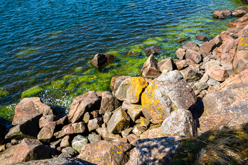 View of the rocky shore of Puistovuori and Gulf of Finland, Hanko, Finland