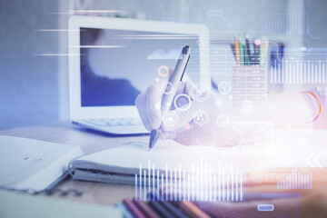 Double exposure of woman's hands on background with technology and digital coding icons. Data development concept. Close up.