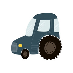 illustration of cute dark blue tractor on a white background. for design, children's print for a boy. in flat style drawn by hand, vector.