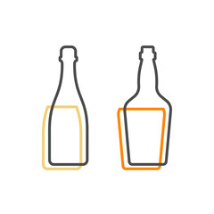Simple line shape of champagne and whiskey bottle. One contour figure of a bottle, the second drink. Outline symbol beverage black color. Sign liquid colored. Isolated flat illustration