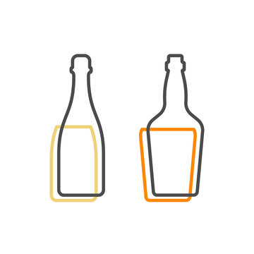 Simple line shape of champagne and whiskey bottle. One contour figure of a bottle, the second drink. Outline symbol beverage black color. Sign liquid colored. Isolated flat illustration