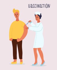 hospital nurse vaccinates a man. Routine vaccination. Protection against flu, coronavirus. Syringe, uniform. cartoon vector illustration isolated on white background