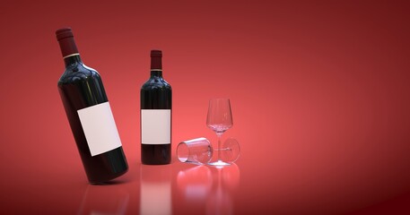 deux bouteilles de vin, avec deux verres vides sur fond rouge