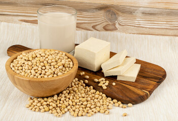 Soy Foods Collection with Soy Meat, Soybeans, Soy Milk and Tofu