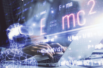 Science formula hologram with man working on computer on background. Education concept. Double...