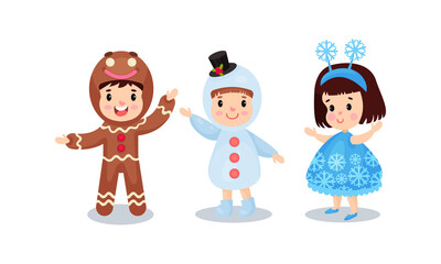 Happy Children Dressed in Christmas Costumes Vector Illustration Set