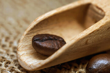 Coffee beans. Macro photo Burlap fabric. Wooden spoon for coffee. Rough fabric texture. Fabric Canvas. Coffee beans on sacking. Coffee abstraction.