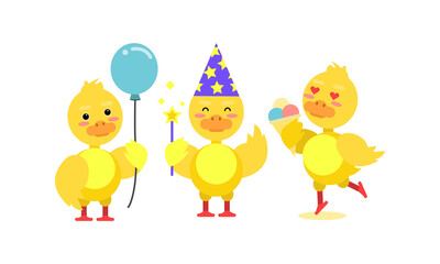 Funny Yellow Duckling Holding Balloon and Eating Ice Cream Vector Set