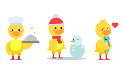 Funny Yellow Duckling Cooking and Hugging Toy Animal Vector Set
