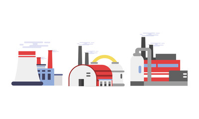 Industrial Plant and Factory Buildings with Chimney Stalk Vector Set