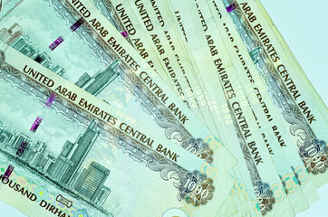Fototapeta na wymiar Close-up United Arab Emirates Currency, Dirhams and fils, Dubai, Abu Dhabi