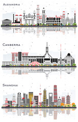Alexandria Egypt, Shanghai China and Canberra Australia City Skylines Set with Gray Buildings and Reflections Isolated on White.