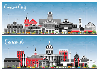 Concord New Hampshire and Carson City Nevada City Skylines Set with Color Buildings and Blue Sky.