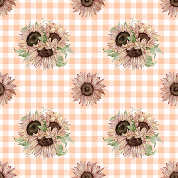 Seamless pattern of watercolor sunflowers with green leaves on green plaided background.
