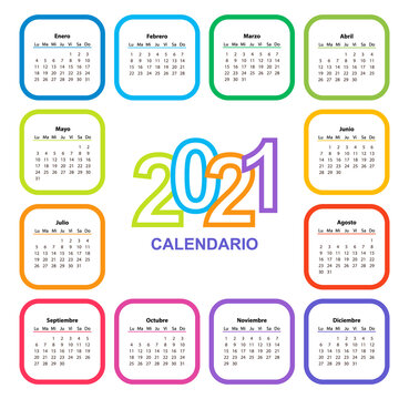 Color calendar on 2021 year with a square shape, spanish. Week starts from Monday. Vector template calendar for business on white background. square color frame.