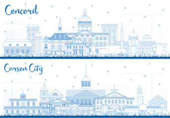 Outline Carson City Nevada and Concord New Hampshire City Skylines Set with Blue Buildings.