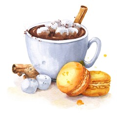 Hot chocolate watercolor illustration with cinnamon, marshmallow and pumpkin spice macaroons on white background. Fall season watercolour food illustration.