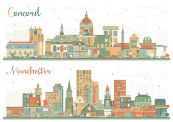 Manchester and Concord New Hampshire City Skylines Set with Color Buildings.