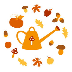 Gardening. Autumn set: watering can, pumpkin, apple, mushroom, acorn, maple and oak leaf. Harvest festival. Inventory. Flat design. Isolated elements on a white background Vector illustration © Mary Iriskina