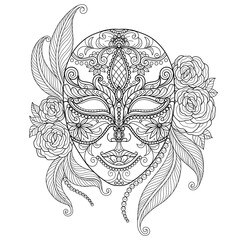 Beautiful mask. Hand drawn sketch illustration for adult coloring book