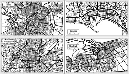 Cannes, Clermont-Ferrand, Dunkirk and Dijon France Maps Set in Black and White Color.