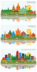 Panaji India, Dresden Germany and Salvador de Bahia Brazil City Skylines Set with Color Buildings, Blue Sky and Reflections.
